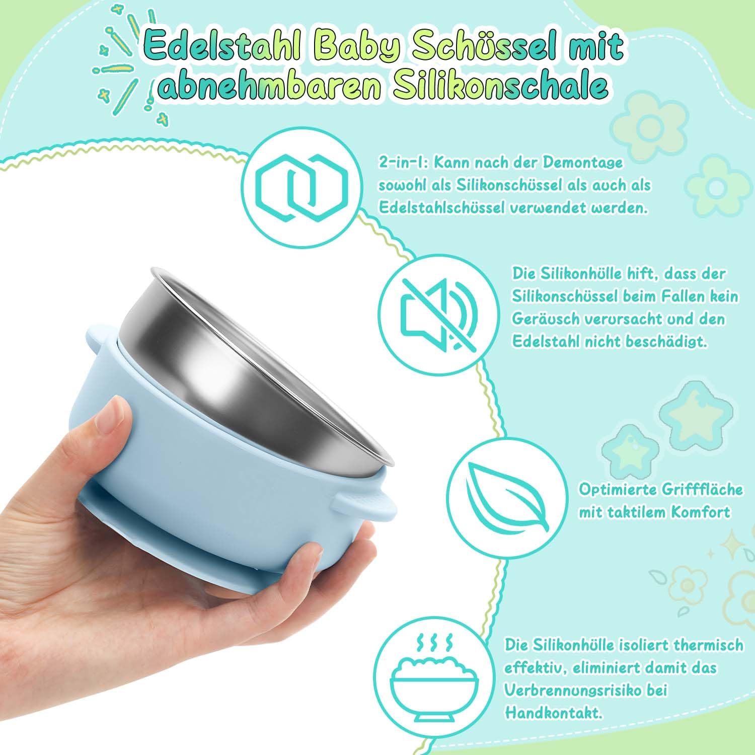 3 ciotole in acciaio inox con ventosa e coperchio, in acciaio inox, per bambini, antiscivolo, per porridge e snack, senza BPA, lavabile in lavastoviglie