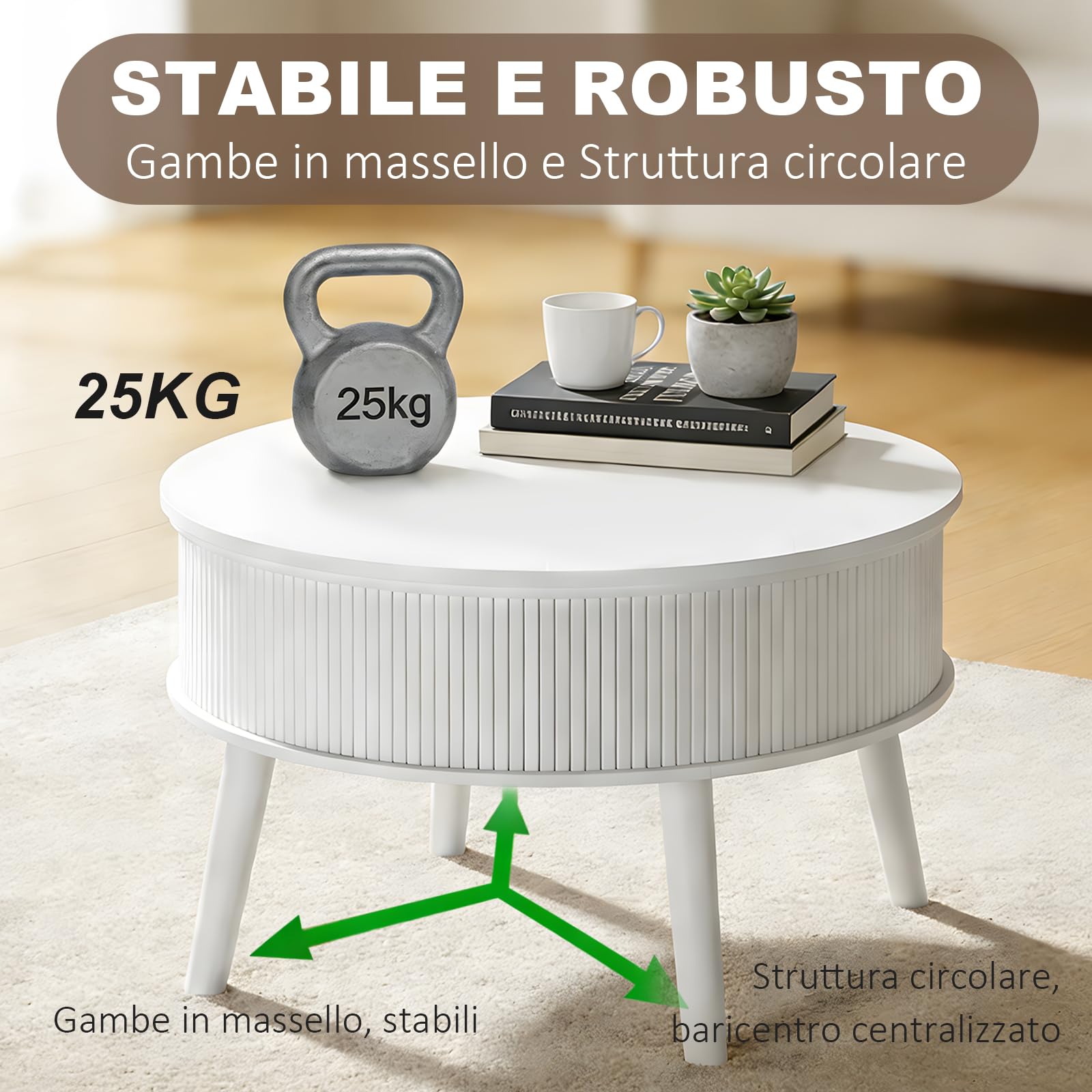 Mesa de Centro Redonda, Mesa Centro Salon con espacio de almacenamiento,Mesa de Café de estar en estilo moderno, con cajones, estanterías dobles y altura ajustable, Extensible y plegable,Color Blanco