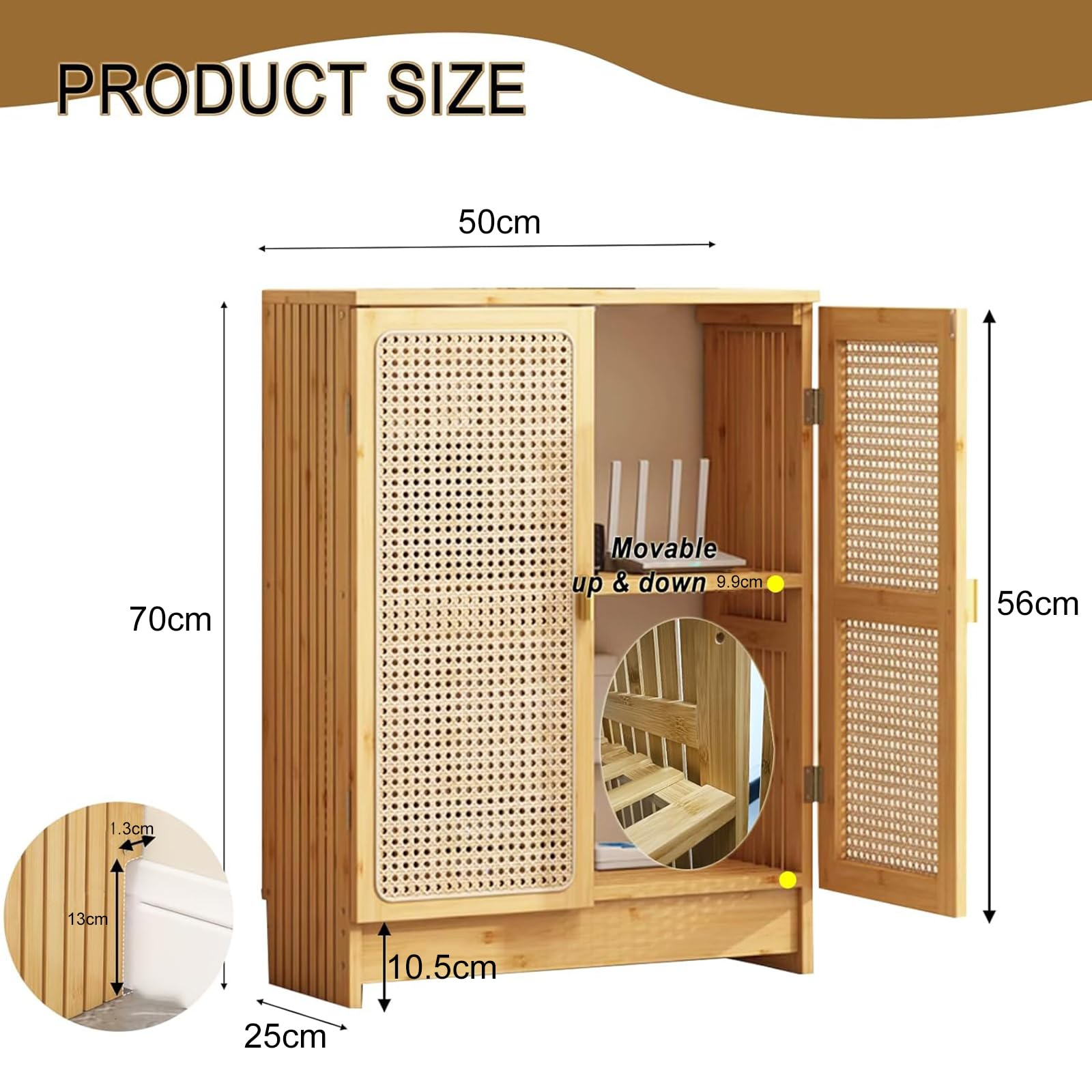 Jueraori Rattan Router Schrank Verstecken, WiFi Router Aufbewahrungsbox mit Verstellbaren Regalen, Vielseitig Bambus Aufbewahrungsschrank für Wäsche, Küche, Wohnzimmer, 70x50x25cm