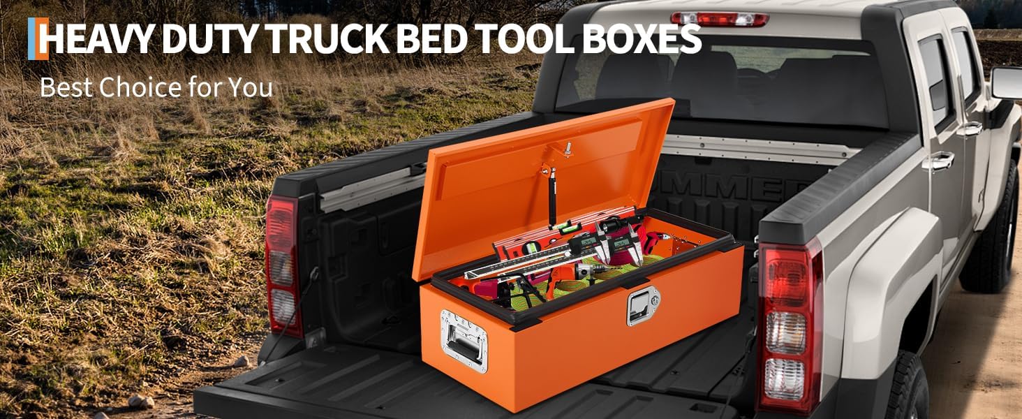20 Inch Low-Profile Steel Truck Bed Tool Box, Diamond Plate Design with Lock & Key, Compact Under-Rail Storage for Pickup Trucks, Trailers, RVs - Orange (Model 2025)