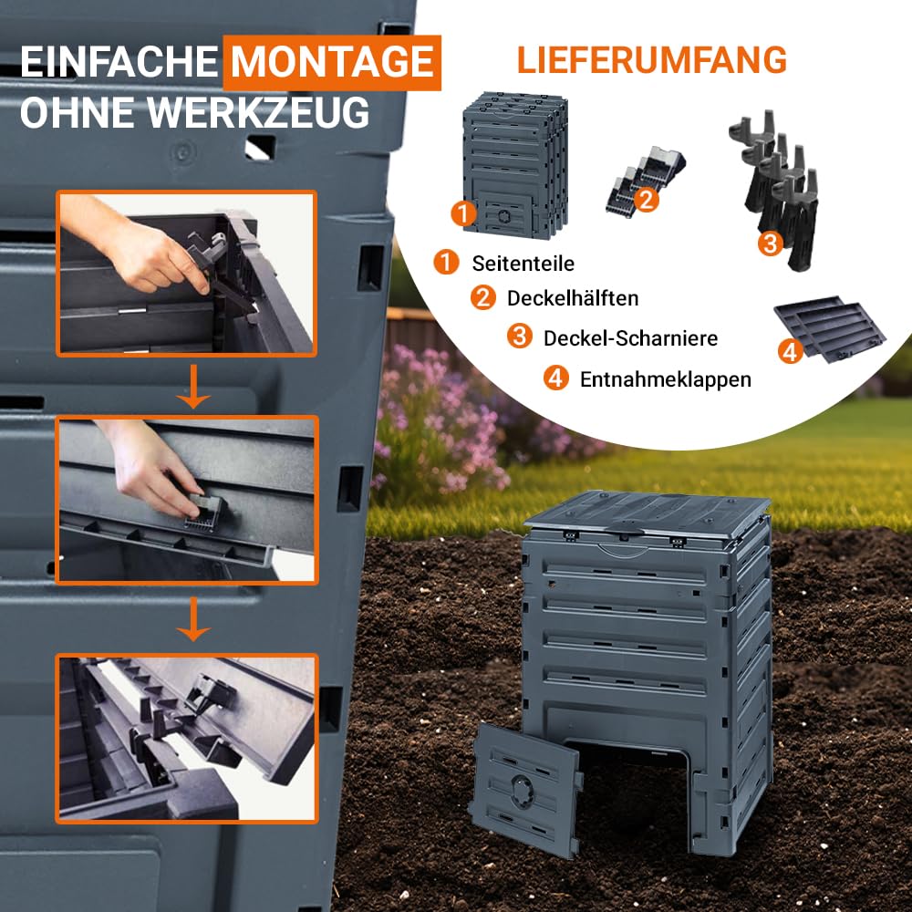 GARANTIA ECO-Master Kunststoff-Komposter 300 Liter schwarz - Kompostbehälter für Gartenabfall und Kompostierung - Schnellkomposter Garten mit großer Öffnung - praktische Entnahme durch Griffmulde