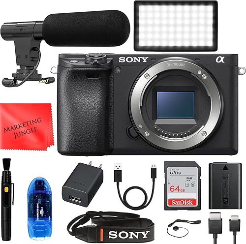 Sony Alpha a6400 - Cámara digital sin espejo, color negro (solo cuerpo), kit de inicio + accesorios (tarjeta de memoria de 64 GB, luz LED, micrófono
