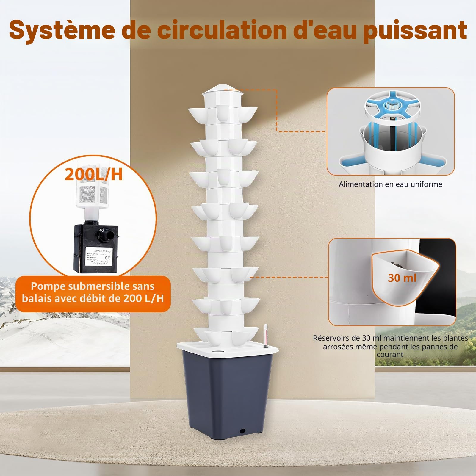 Système hydroponique 40 pods, Tour Verticale 8 Niveaux avec réservoir 10L | Kit de culture sans sol avec pompe à eau, idéal pour herbes, fruits et légumes à la maison, terrasse ou balcon