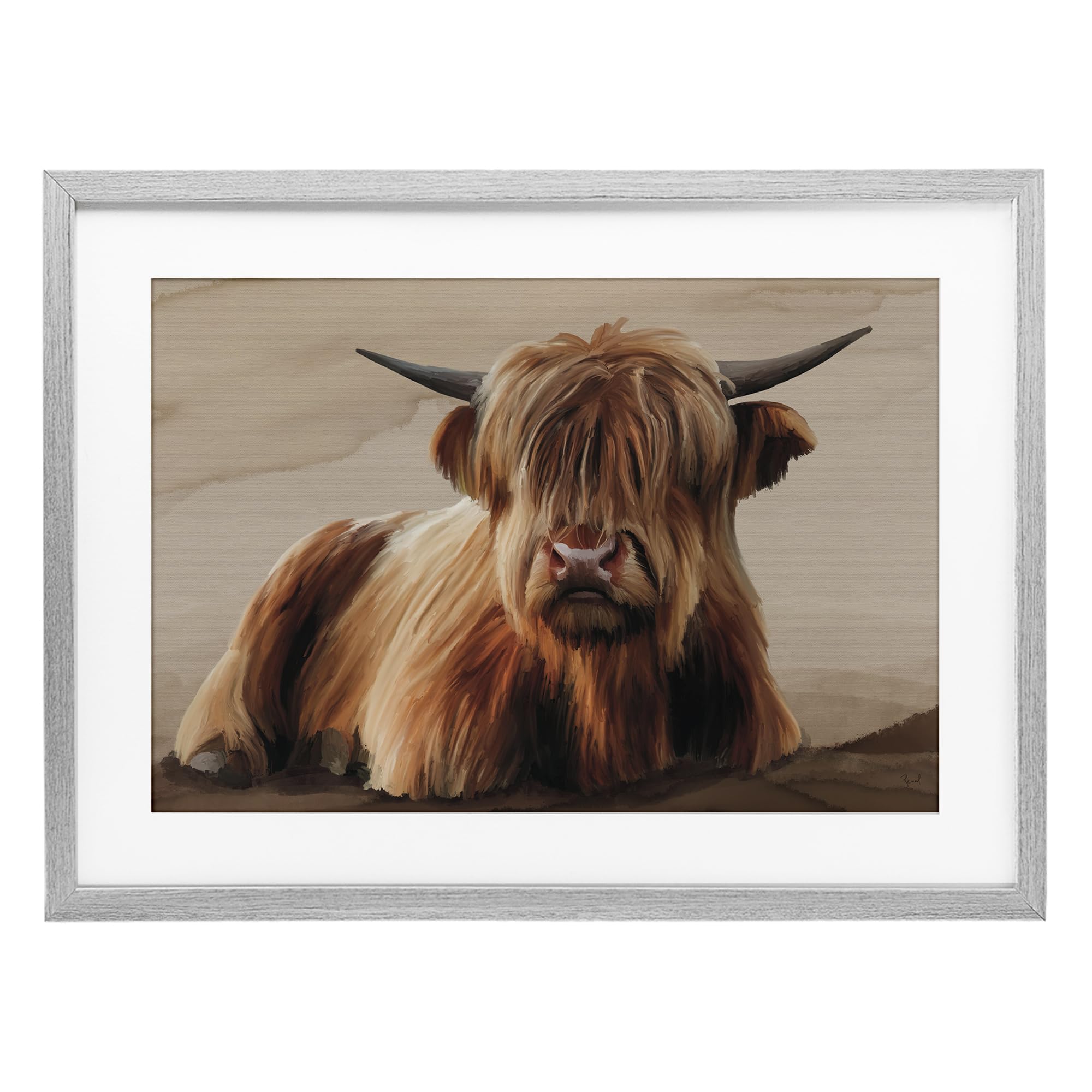 Stupell Industries Highland Cattle Portrait Farmhouse 'Got My Hair Done Cattle', Framed Print Under Glass, Gray, 23 X 17