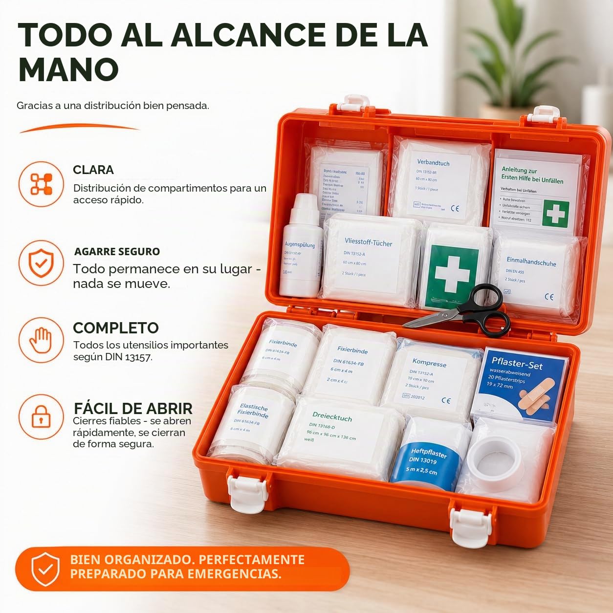 Botiquín de primeros auxilios – DIN 13157 – Maletín para empresas y empresas – Botiquín de primeros auxilios naranja probado según la norma actual – con adhesivo y soporte de pared
