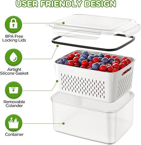 Miniatura 4 de 4 recipientes de almacenamiento de frutas para refrigerador, recipientes de productos para refrigerador con colador extraíble, cuenco de lavado de