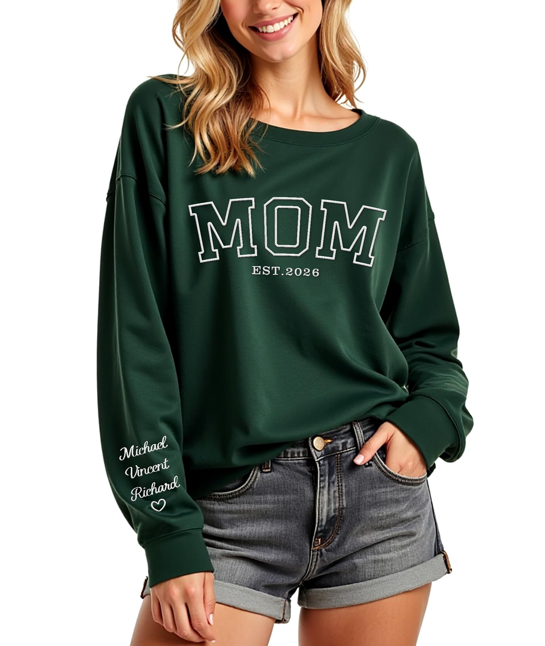 Personalized Mothers Day Birthday Gifts for Mom Grandma, Custom Embroidered Sweatshirt with Name on Sleeve