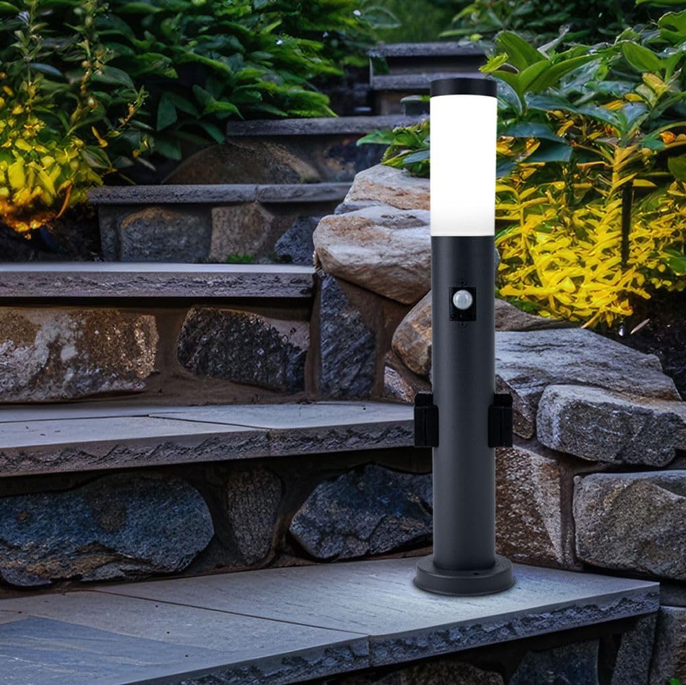 Außenleuchte LED Stehleuchte mit Bewegungsmelder Edelstahl Wegeleuchte Sockelleuchte Gartenleuchte anthrazit, mit 2 Steckdosen, IP44, 1x 11W 1055lm warmweiß, DxH 13,1x60 cm