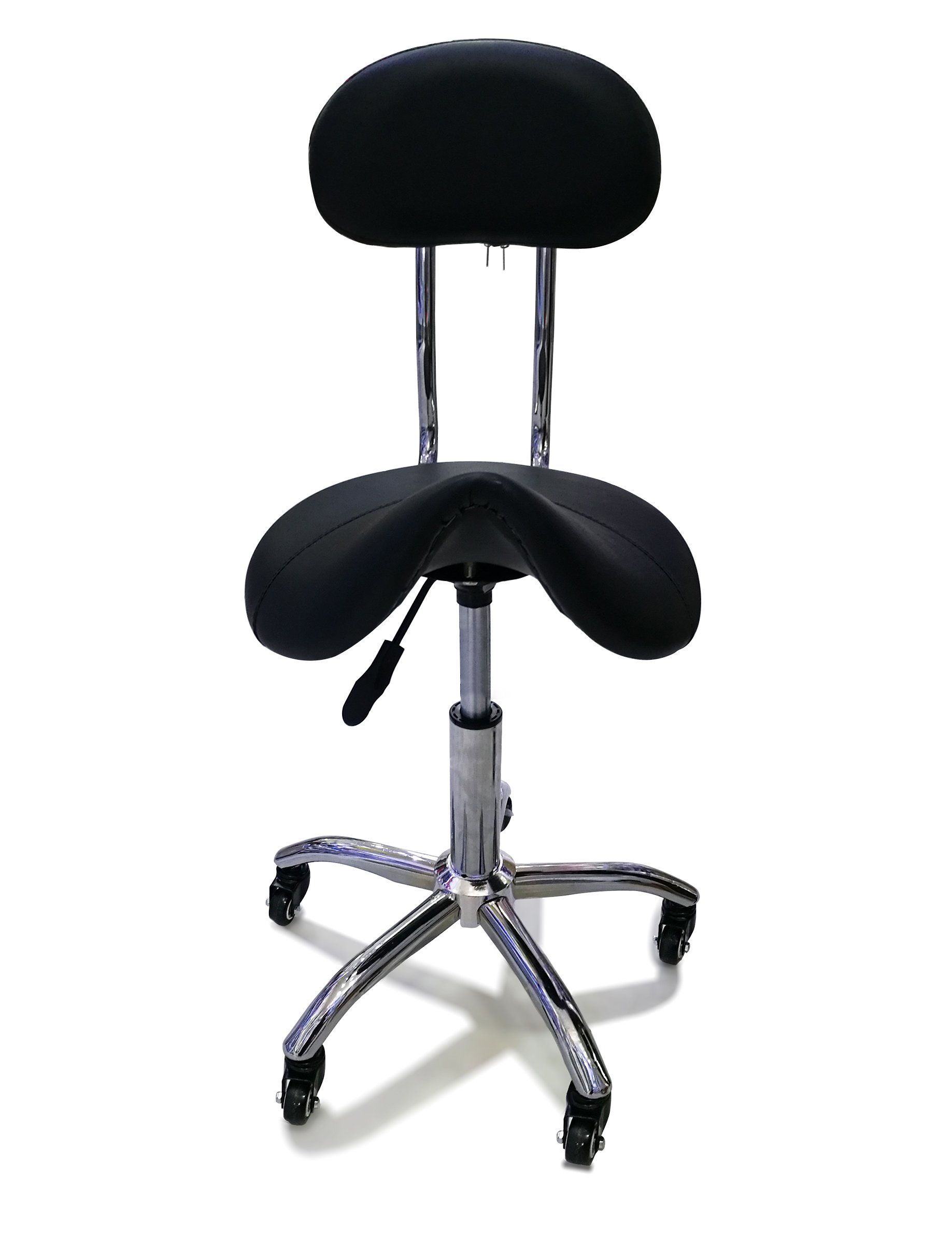 Taburete de Peluquería, Silla de Peluquería, Asiento de Material Cuero Sintético y Diseño Ergonómico, Altura Regulable, Giratorio 360º y Base Estable con 5 Rueditas, Color Negro