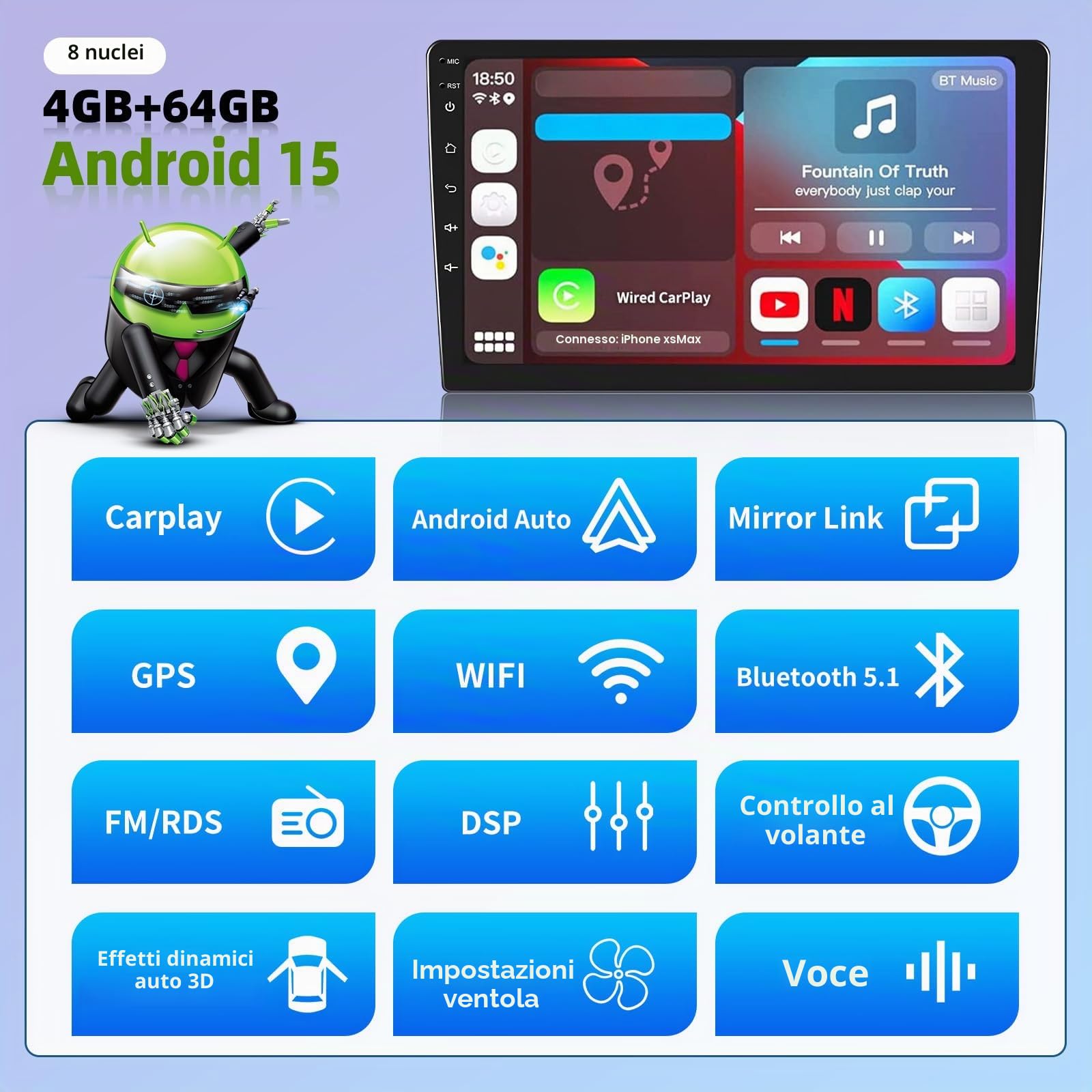 CAMECHO 4G+64G 8Core Qualcomm Android 15 Autoradio per Mercedes Benz Smart Fortwo W451 2011-2015 con Carplay Android Auto, Schermo Auto da 9 Pollici 2Din con GPS WIFI BT FM/RDS DSP SWC Retrocamera+MIC