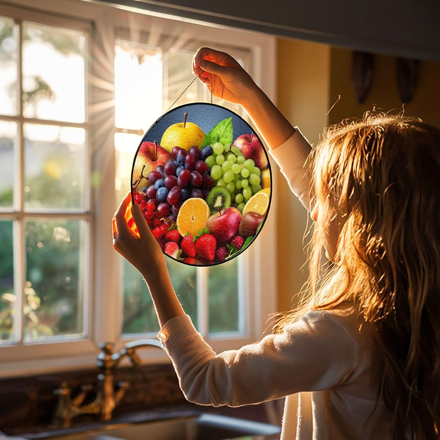 Stained Glass Window Hanging 6in（15cm）, Fruits Glass Suncatcher for Home Decor, Indoor Wall Art Glass Panel with Metal Chain and Hooks, Sun Catcher Ornament Birthday Gifts