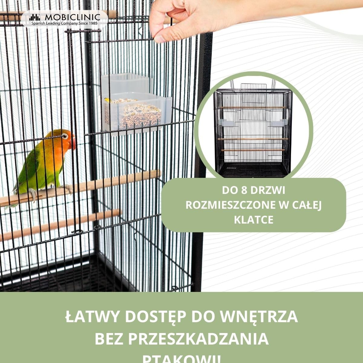 Mobiclinic® pets, Klatka dla ptaków, Nymph, Kółka transportowe, Hamulce, Otwieranie od góry, Wyjmowana taca, 8 drzwiczek, Duż rozmiar