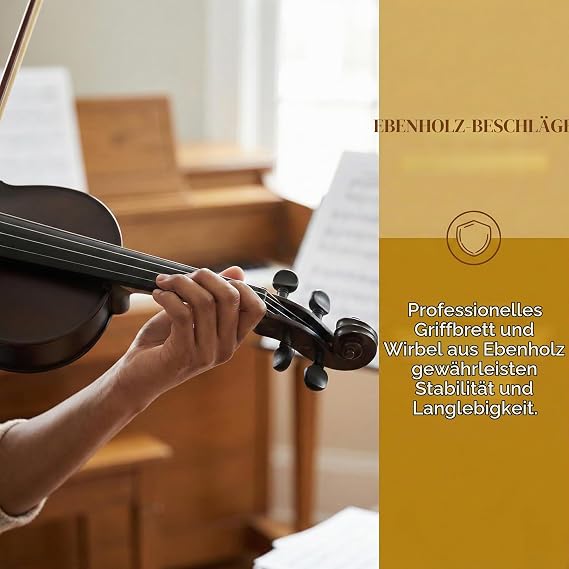 Violin 4/4 Handmade from Solid Spruce & Maple Wood with Ebony Fingerboard - Complete Set with Hard Case Bow & Accessories for Beginners and Advanced Players