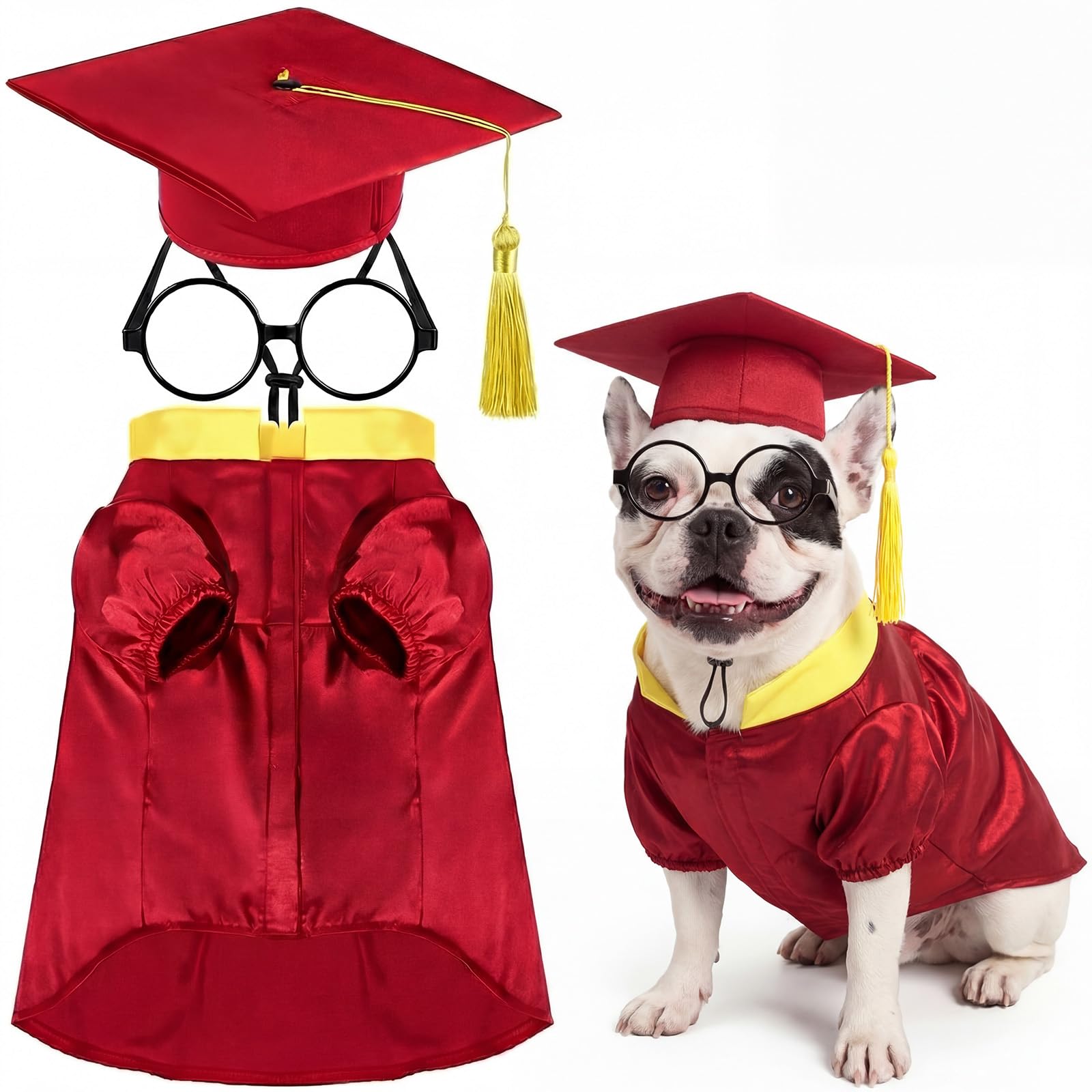 Huhumy 3 Pcs Dog Graduation Costume Set Include Pet Graduation Gown Adjustable Puppy Grad Cap with Gold Tassel Lensless Glasses for Dogs Cats Holiday Costume Accessory(Red,M)