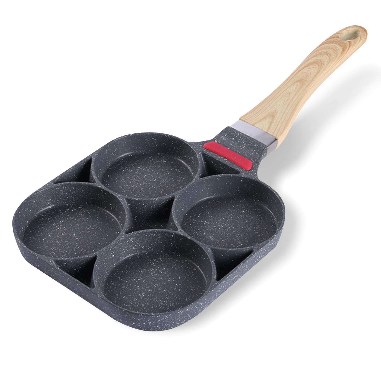 4-Cup Egg Pan with Non-stick Teflon Coating, 7.5 inch Aluminum Egg Frying Pan, Wood Grain Handle Pancake Pan, Multi-purpose for Frying Eggs, Burgers (Gas, Induction, Electric Cooker)