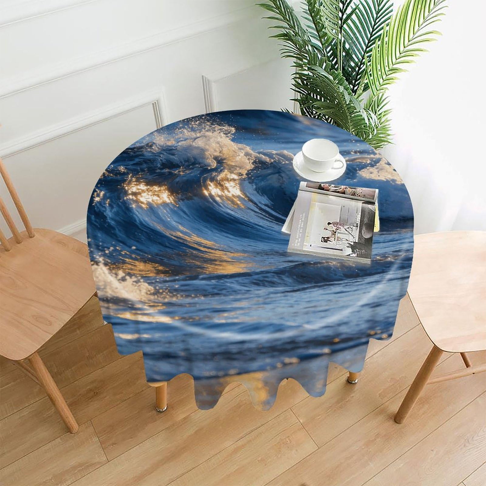 LZQPOEAS Sea Wave Tablecloth Easy to Clean Polyester Round Table Cover Washable Round Table Cloth Wrinkle-Free Circle Decoration Tablecloth for Kitchen and Dining Room 60"