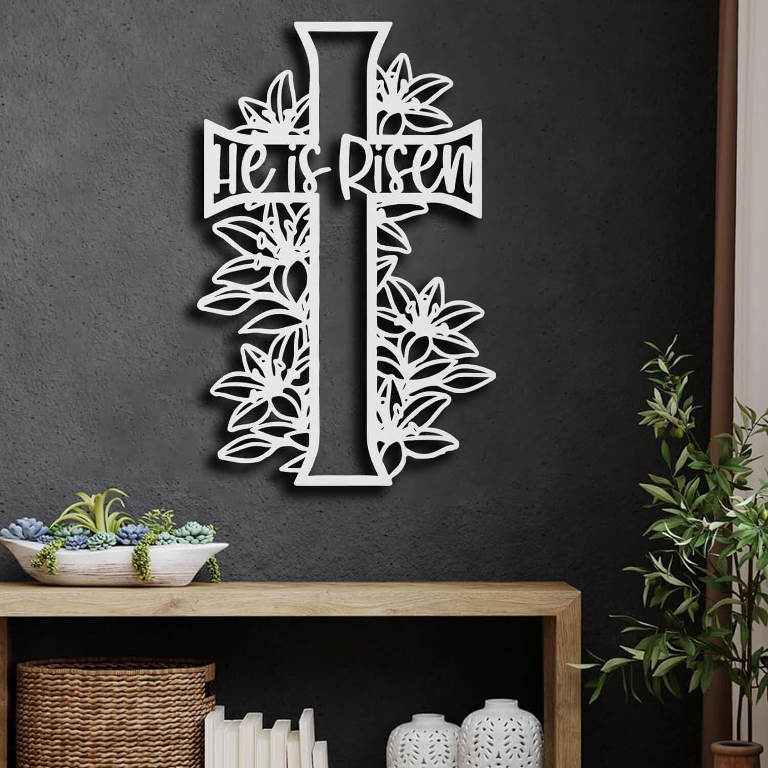 Metal Wall Art Sculpture Decor, He Is Risen Cross, Easter, religijny prezent do dekoracji wnętrz, duży chrześcijański krzyż do kościoła w salonie (złoty, 19 cali x 30 cali)