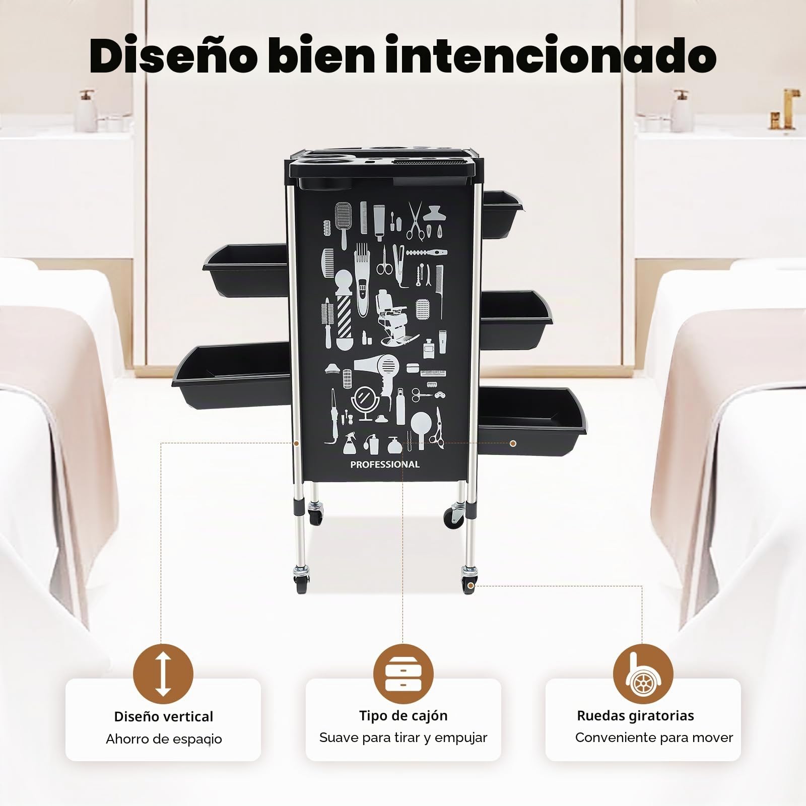 Carrito de peluquería con 5 cajones, accesorio profesional de peluquería, carrito de trabajo con soporte para secador de pelo y cesta colgante, color negro