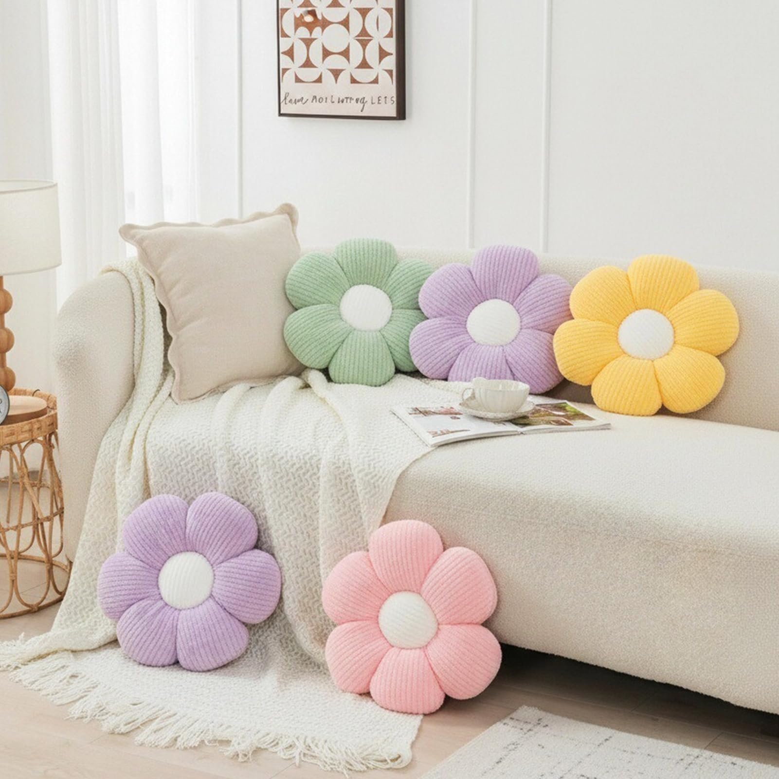2 cuscini a forma di fiore, morbidi cuscini da pavimento per divano, soggiorno, camera da letto, decorazione per la stanza delle ragazze, bianco e rosa