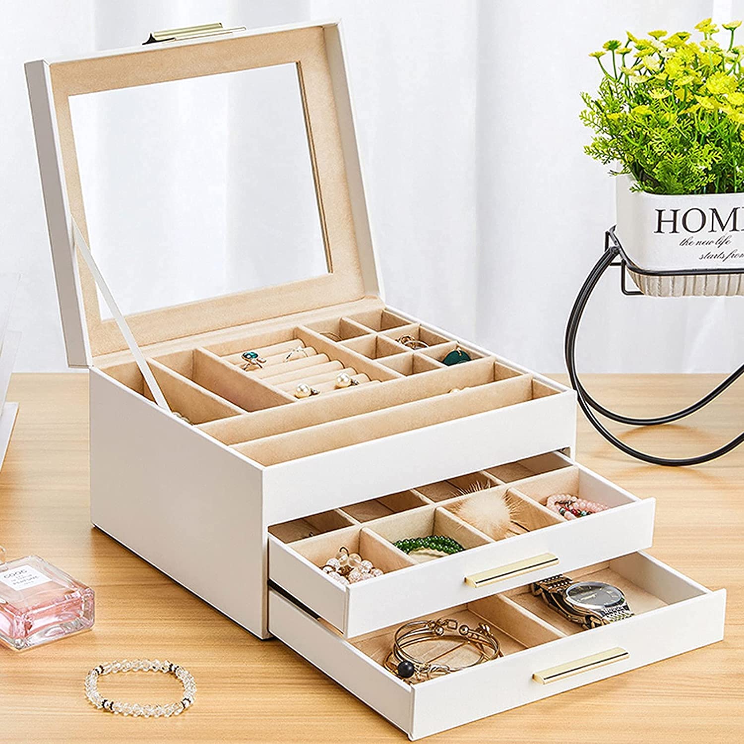 Schmuck-Organizer, Schmuckkästchen, großes Schmuckkästchen, Organizer, Schublade, Spiegel für Damen, Pu-Leder, Aufbewahrungskoffer für Ohrringe, Ring, Halskette, Armband, Uhr, Schmuckkästchen,