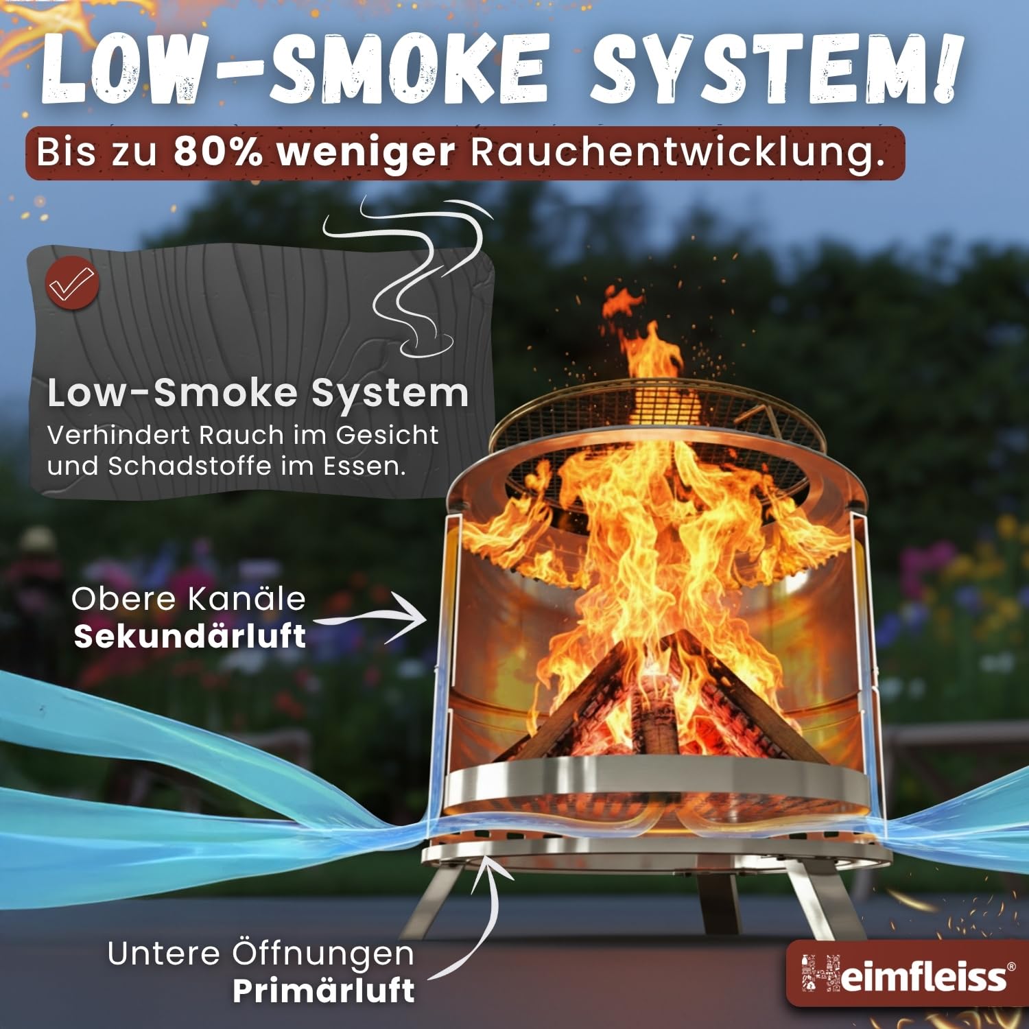 Heimfleiss® Rauchfreie Feuerschale Edelstahl Ø50cm Feuerkorb mit Grillrost für Garten Camping Balkon Terrasse