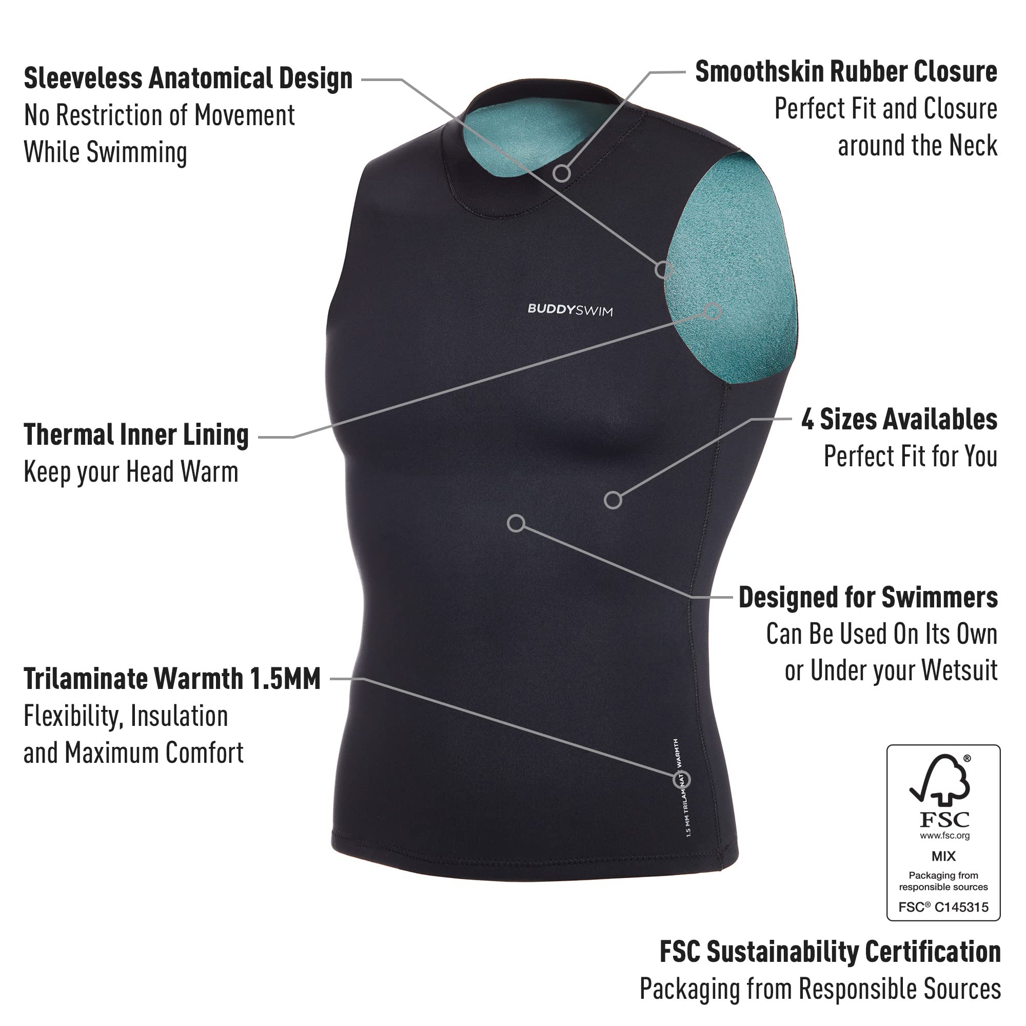Gilet Néoprène Trilaminate 1,5 mm Natation Eau Libre Homme Plongée Surf