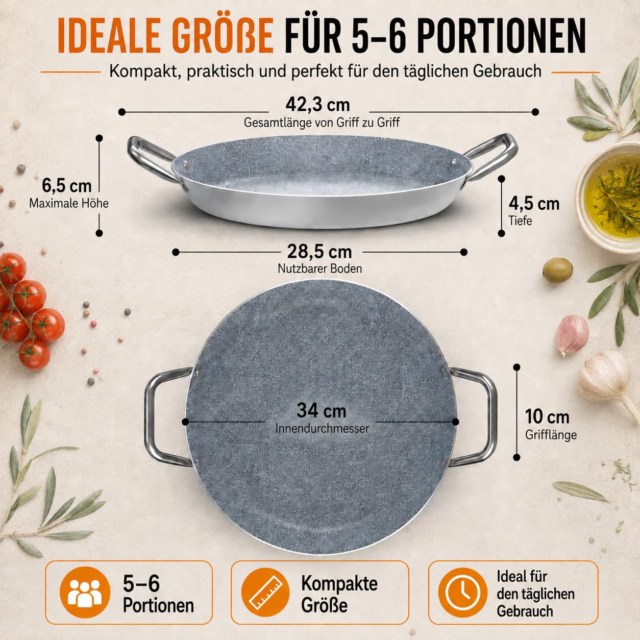 TEHORNEO Paella Pfanne Induktion, Paella Pfanne 34 cm Antihaftbeschichtete aus Aluminium 5-6 Portionen, Paellapfanne, Paella Grill, Paellera Geeignet für Induktion, Feuer und Vitrokeramik