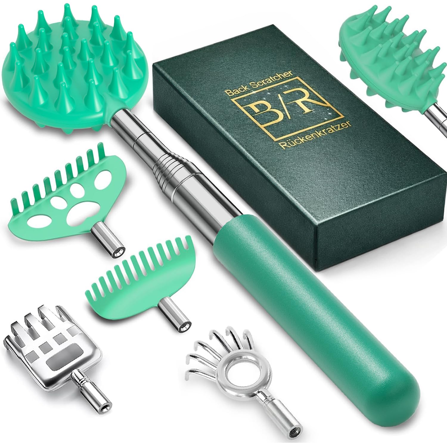 VOMEP Rückenkratzer mit 4 abnehmbaren Köpfen, tragbarer ausziehbarer Rückenkratzer, Geschenke für Damen und Herren, Strumpffüller, Metall-Edelstahl-Massagegerät/Rückschlag zum Kratzen