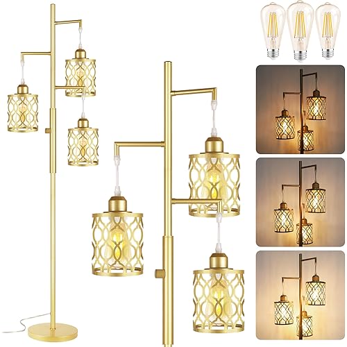 ROTTOGOON 68" Gold Floor Lamp, Dimmable Industrial Floor Lamps for Living Room, 3 Light Rustic Standing Tall Lamp Including 3 PCS 6W E26 Bulbs, Farmhouse Tree Floor Lamp for Bedrooms, Office, Bar