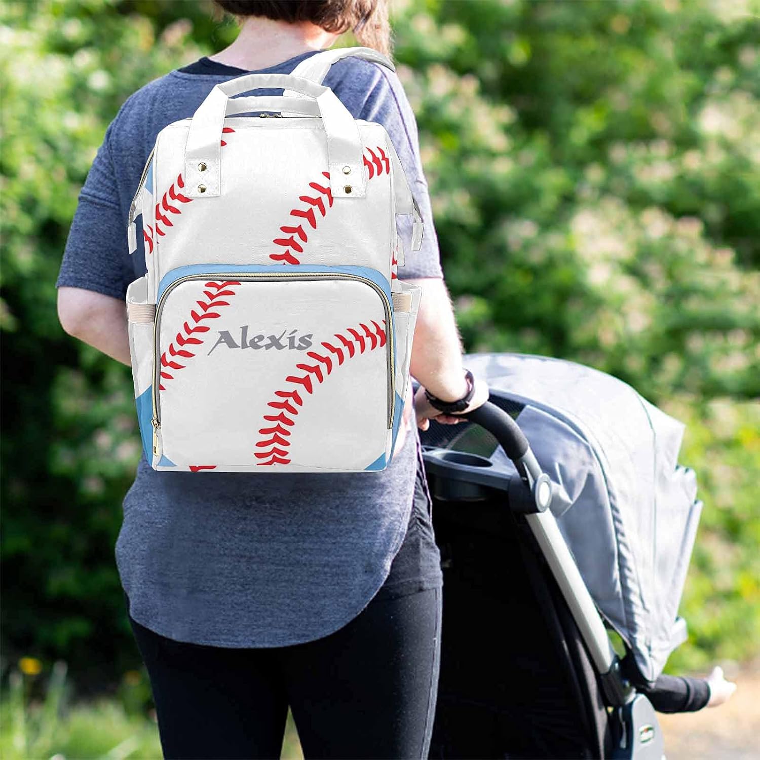 Newcos Personalized Baseball on Blue Diaper Bag Nursing Baby Bags Nappy Bag Casual Travel Daypack for Mom Gifts