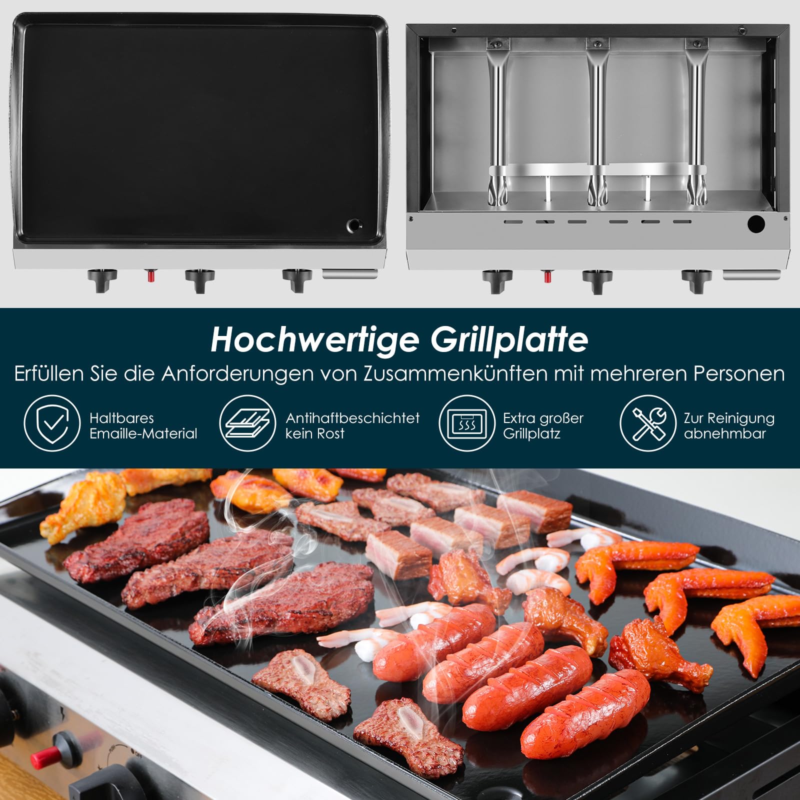 LIFERUN Gas Plancha Grillplatte,Kompakt Tischgasgrill,3 Brenner Gasgrill Edelstahl(7,2 KW (25000 BTU),Keramische Lackbeschichtung Grillfläche,Tragbarer Balkon Camping Picknick BBQ Grill(Butan/Propan)
