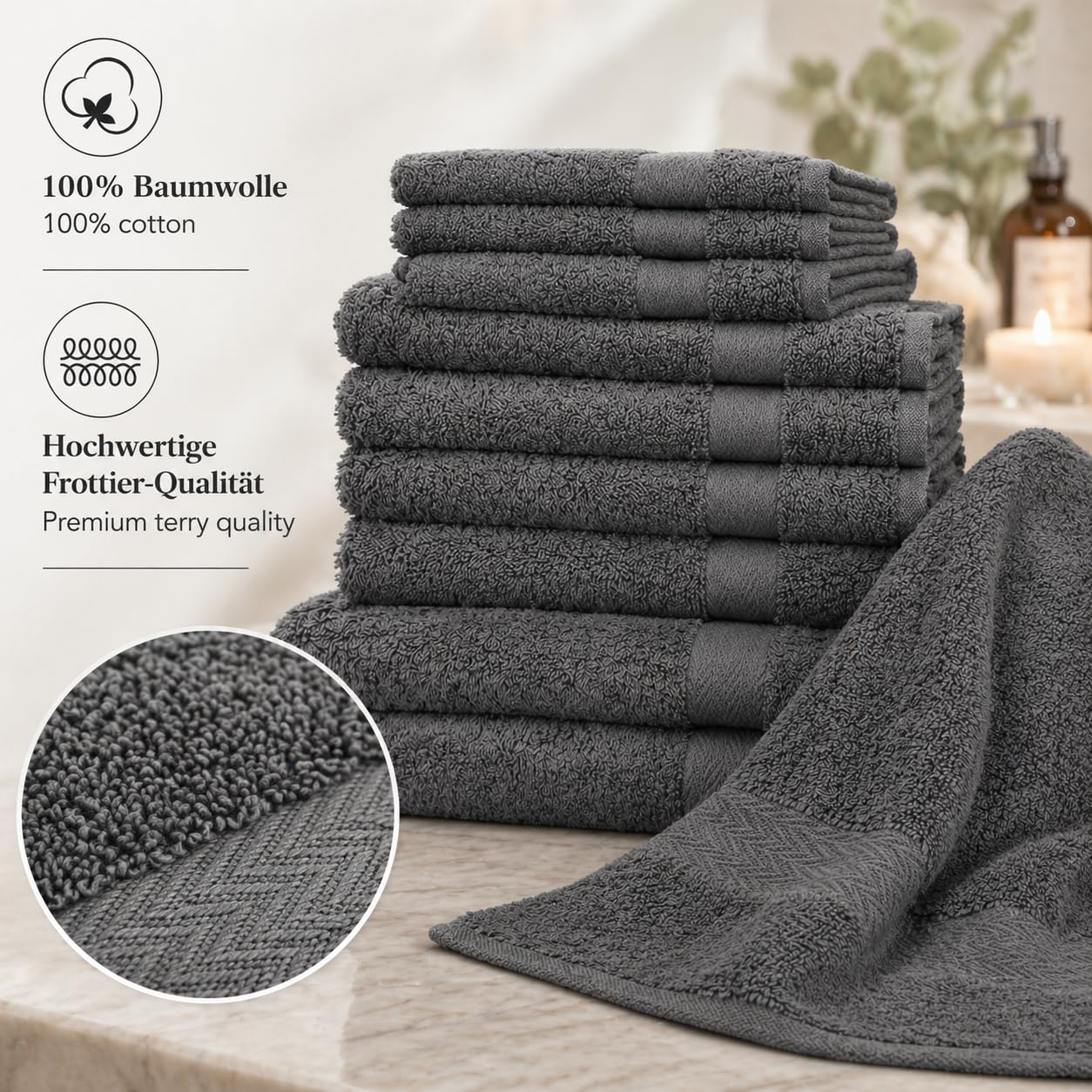Betz Premium Classic Frottier Handtuch-Set 10-teilig - 2X Liegetücher - 4X Handtücher - 2X Gästetücher - 2X Seiftücher - anthrazit