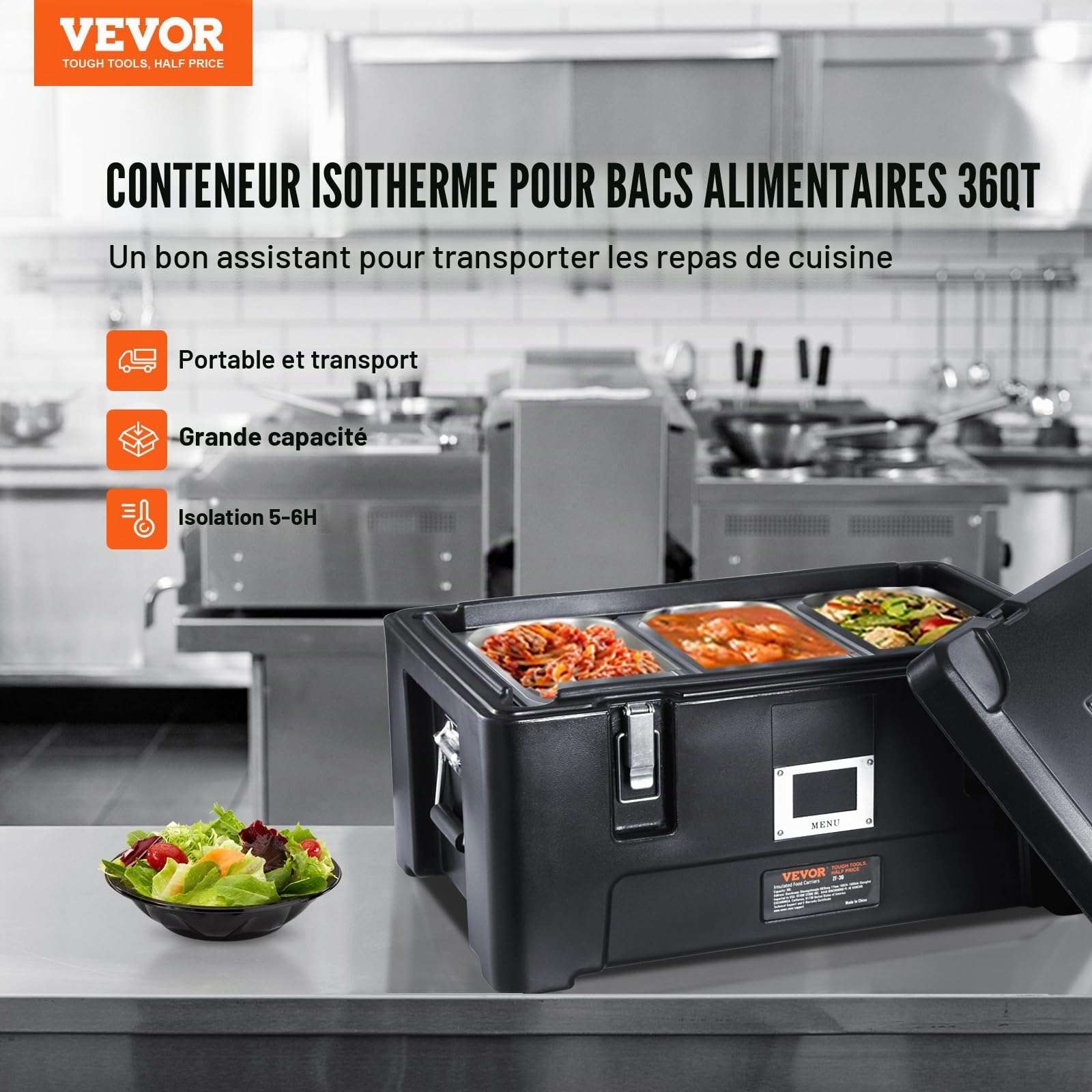 VEVOR Conteneur Isotherme 30 L, Boîte de Transport en LLDPE à Chargement par le Haut, 3 Bacs Alimentaires en Inox, pour Garder au Chaud ou Froid Traiteur Restauration Restaurant Cantine 627x430x610 mm