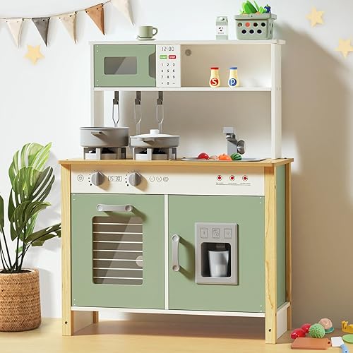 Babytronic Cocina de juego para niños, juego de cocina de madera para niños a partir de 3 años con luces reales, sonidos, estufa, fregadero, horno y