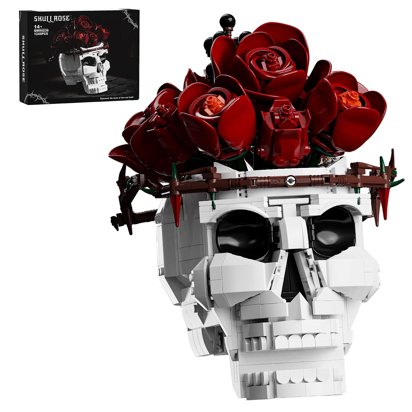 GHQYTPR Gothic Skull Rose Building Block Set 1249 Pcs Skeleton Flower Bouquet Model Kit for Adults & Teens Dark Aesthetic Room Decor Unique Halloween Desk Display Art Gift