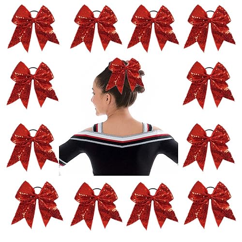 Miniatura 10 de OAOLEER 12 lazos para animar con lentejuelas de 7 pies, accesorio para el cabello para niñas, animadoras y deportes de equipo, soportes para cola de