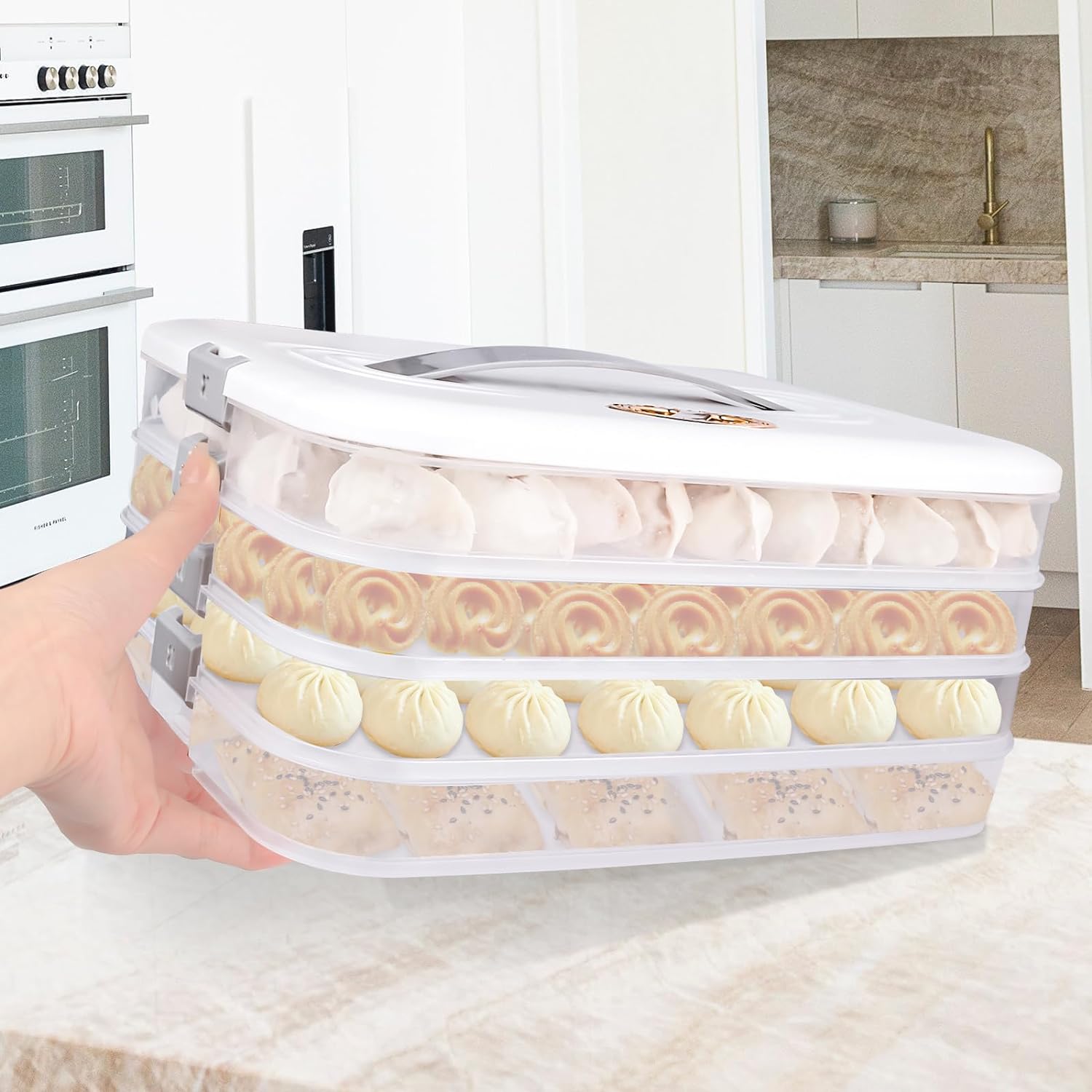 Liatinbo 4-Layer cookie carrier with lid and handle,dessert carrier dumpling container cookie transport storage container (4-Layer white) - Image 6