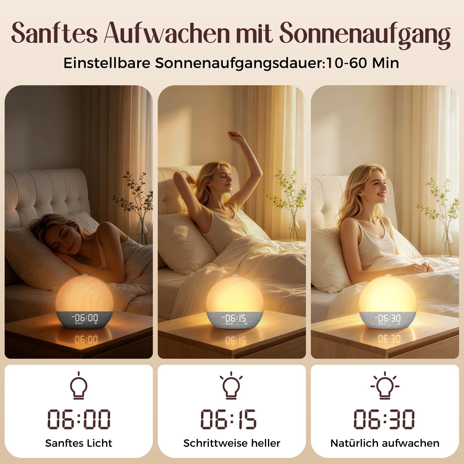 Tageslichtwecker Lichtwecker Sonnenaufgang, 30 Einschlafklänge, Doppelalarm | 20 Helligkeitsstufen, RGB-Nachtlicht und Bluetooth – ideal für Schlafzimmer von Erwachsenen und Kindern
