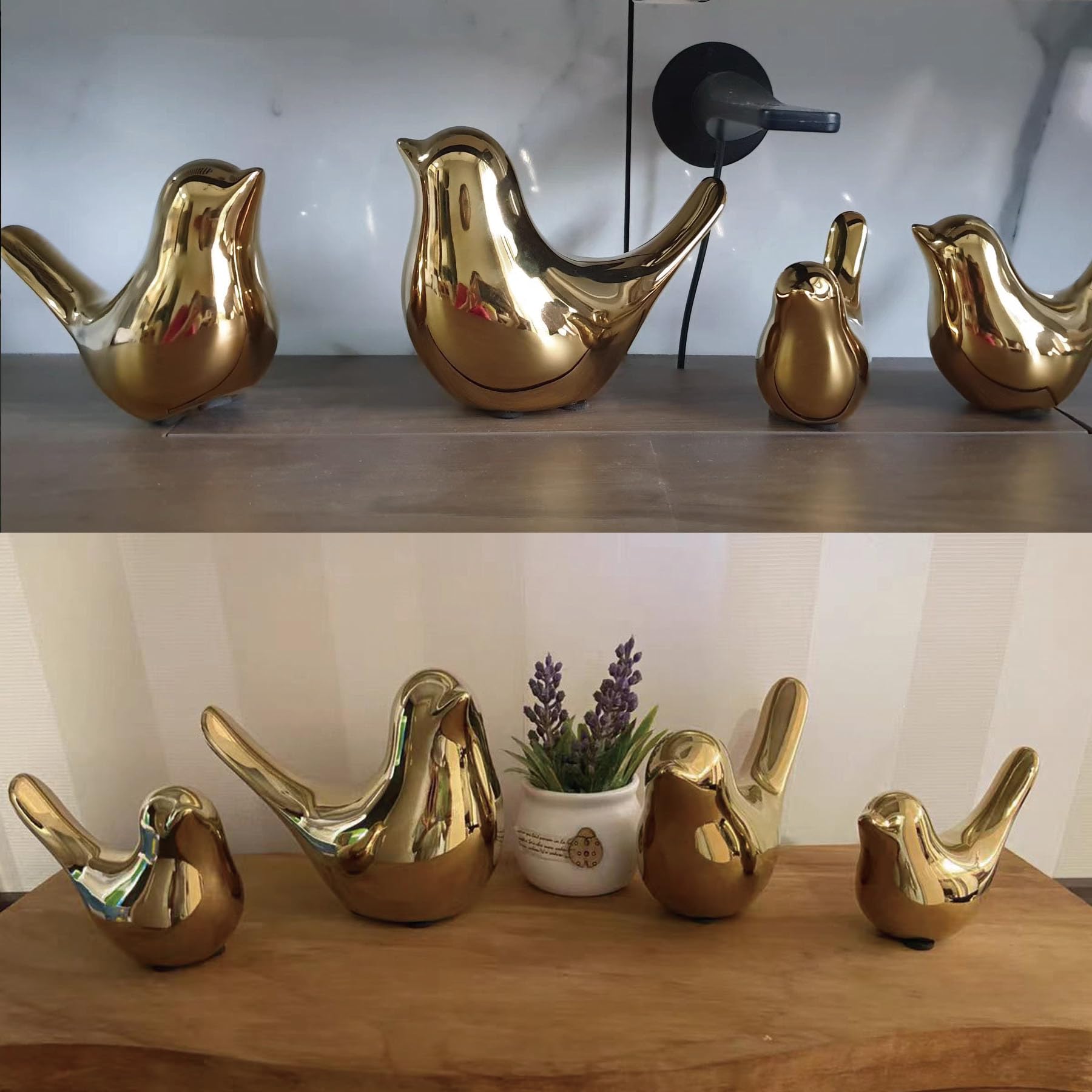 Lot de 2 statues d'oiseaux en céramique, sculptures modernes pour jardin, maison, bureau (Or)