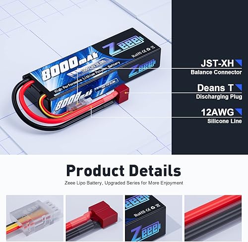 Miniatura 3 de Zeee 2S Lipo Battery 8000mAh 7.4V 100C Estuche rígido Batería Deans Conector 1 paquete con batería Lipo 7.4V 2S 50C 5200mAh Estuche rígido Deans