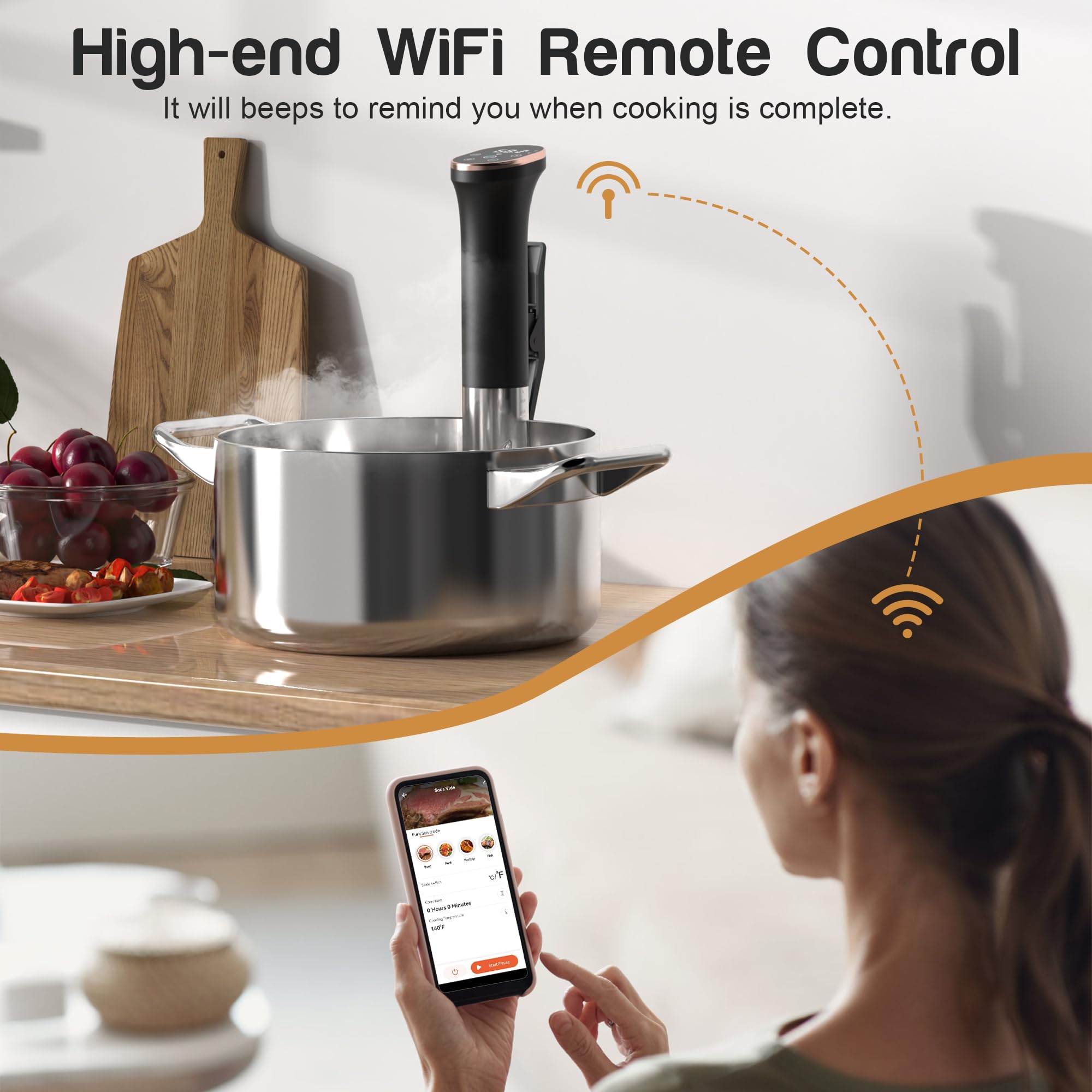 Karinear Thermoplongeur Wi-Fi Cuisson Sous Vide | 1400W Cuiseur Sous Vide | 10-90°C, Minuterie de 1-99 Min | Thermoplongeur Cuisine avec Aimant Sous Vide | Contrôle par Appliacation (Wi-Fi 2,4 G)