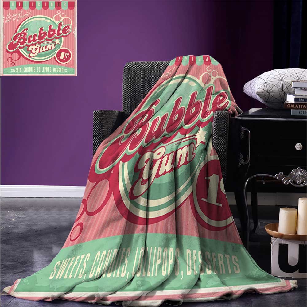 Super Soft Lightweight Blanket 1950s Decor Collection Bubble Gum Chewing Delicious Candy Lollipop Sweet Sugar Advertise Poster Style Oversized Travel Throw Cover Blanket 90"x70" Magenta Light Blue