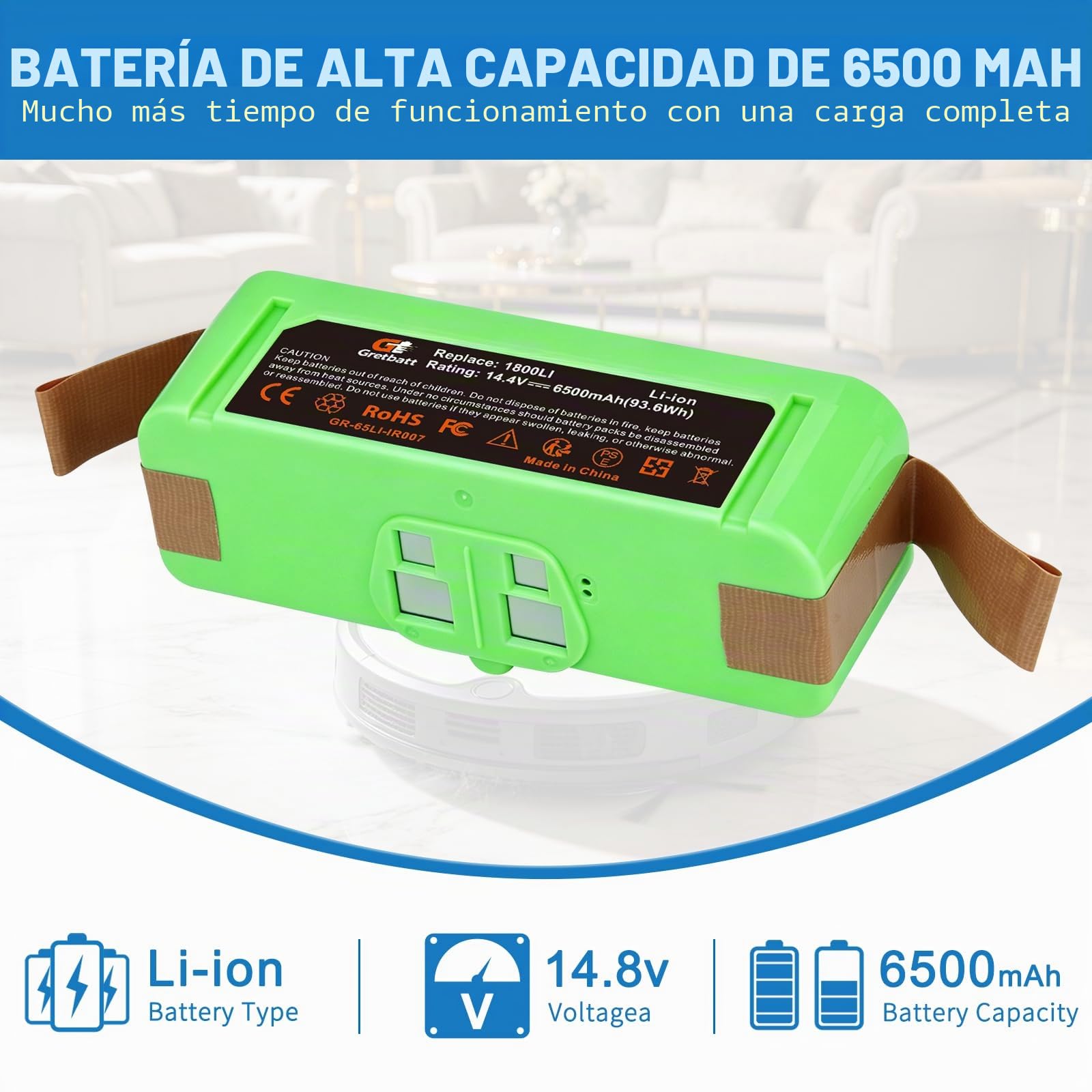 18V 6.5Ah Batería de Repuesto Li-Ion para Roomba 980