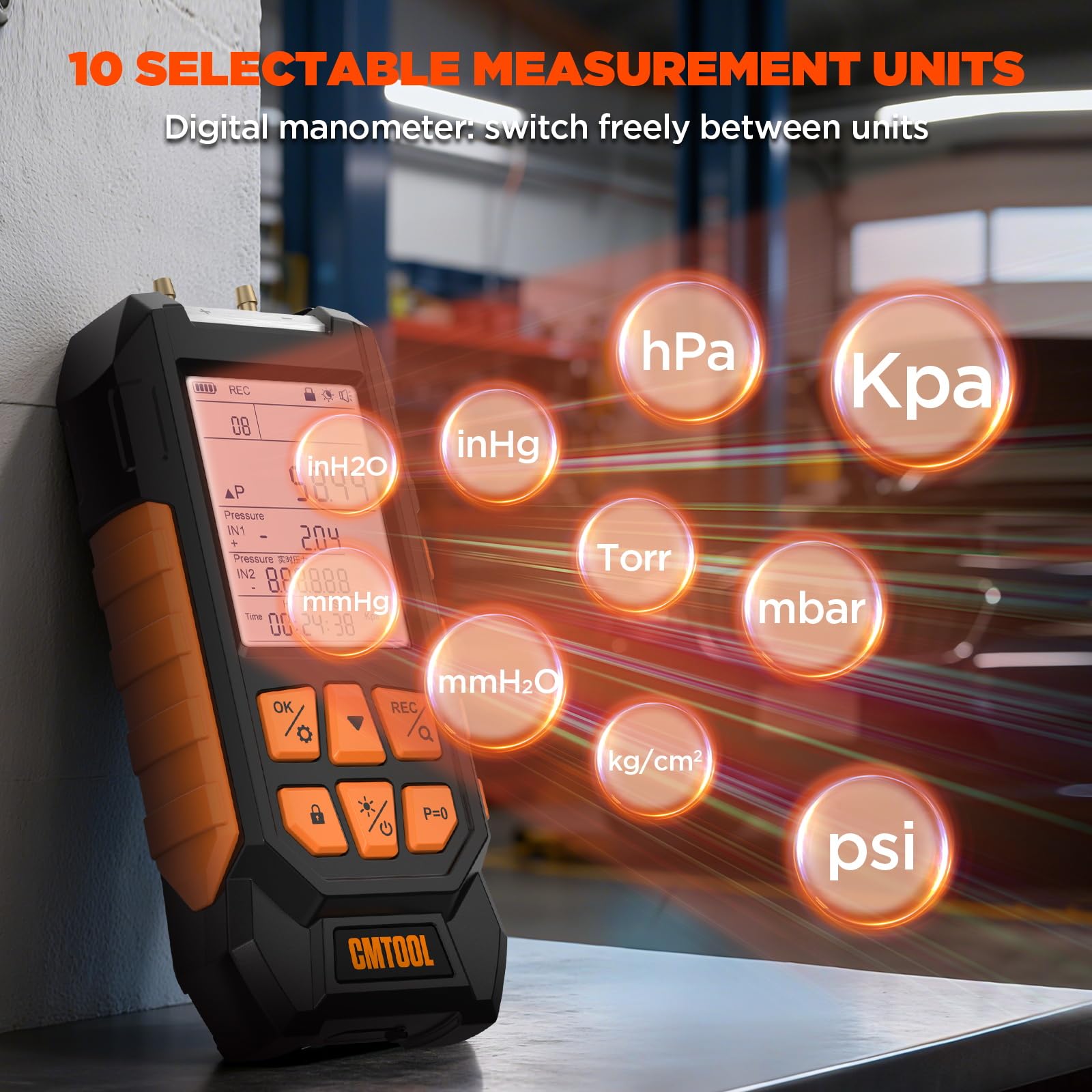 CMTOOL Manómetro de presión de gas, manómetro digital de -100-200 Kpa con imán fuerte, 10 unidades seleccionables, kit de probador de presión de aire de doble puerto con más accesorios