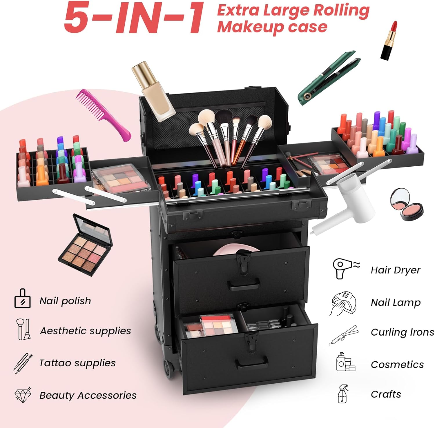 Large Rolling Makeup Train Case, Professional Travel Cosmetology Case on Wheels with Drawers, 3 Tiers Nail Organizers Storage Case for Nail Tech, Tattoo, Hairstylist, Makeup, Extra Large - Image 6