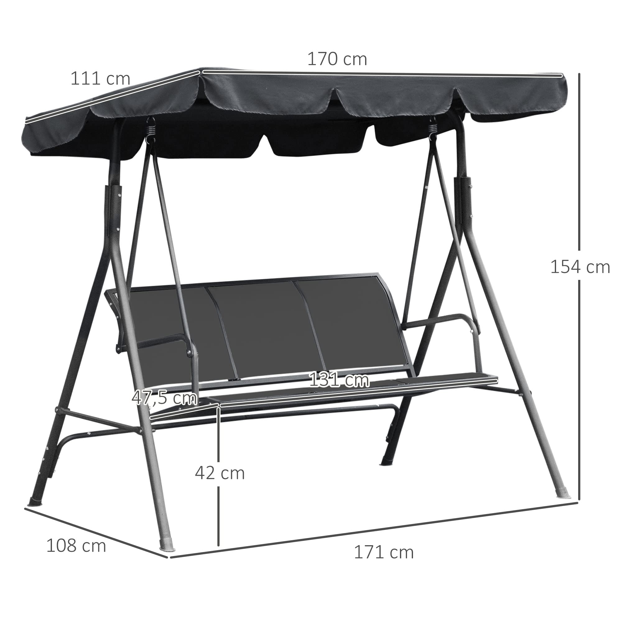 Outsunny Balancelle de Jardin 3 Places Toit imperméabilisé Acier Gris
