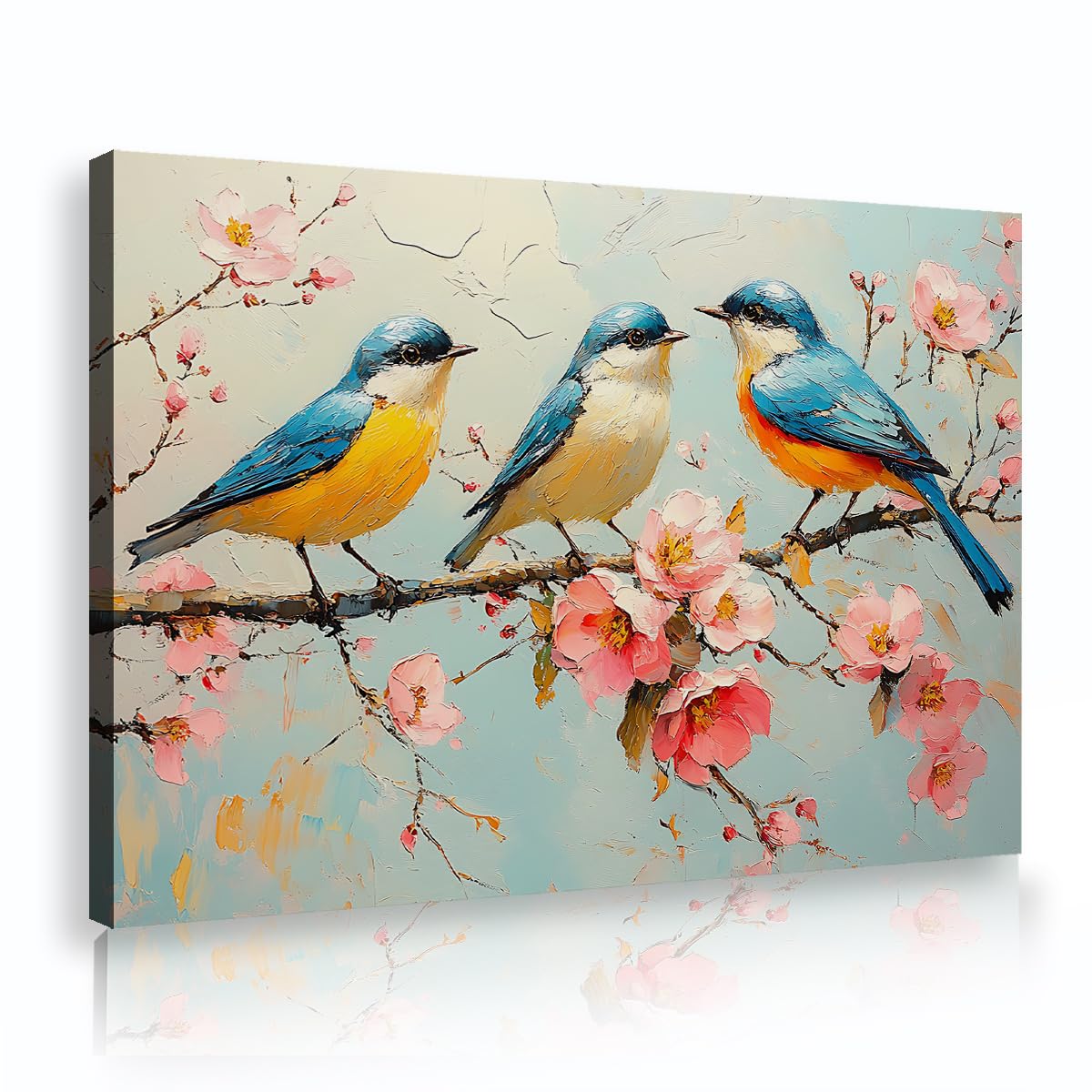 TOANGWALL Lovely Birds on Tree Branch Framed Canvas Artwork Soft Cherry Blossoms Cute Animal Nature Picture Gallery Wrapped Printed Poster for Dining Room Kitchen Decor 75x115cm