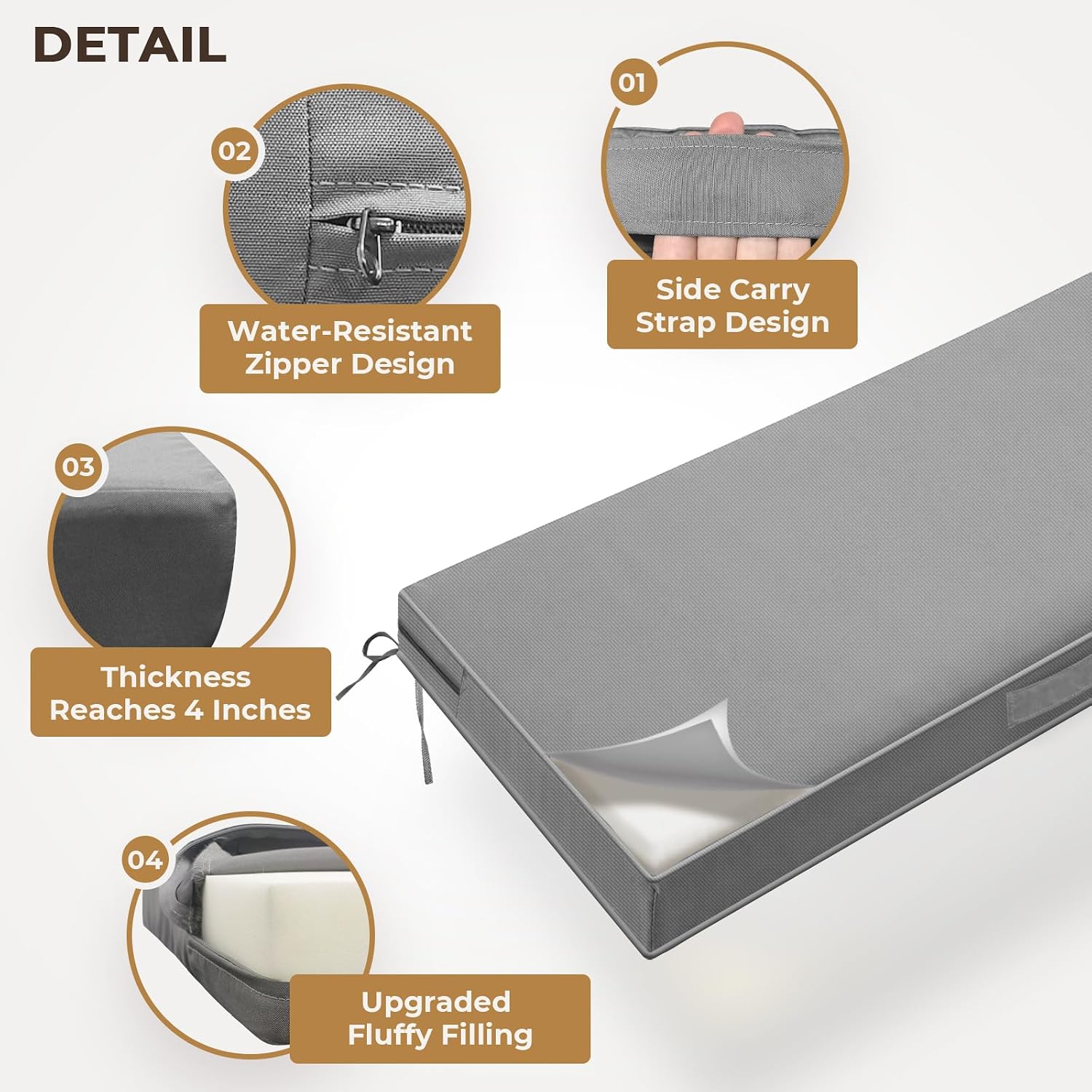 Outdoor Bench Cushion, Waterproof Patio Furniture Cushions Thick with Removable Cover, Non-Slip Bench Pad for Garden Porch Swing Sofa, 45 x 18 x 3 Inch Sponge Filled, Grey