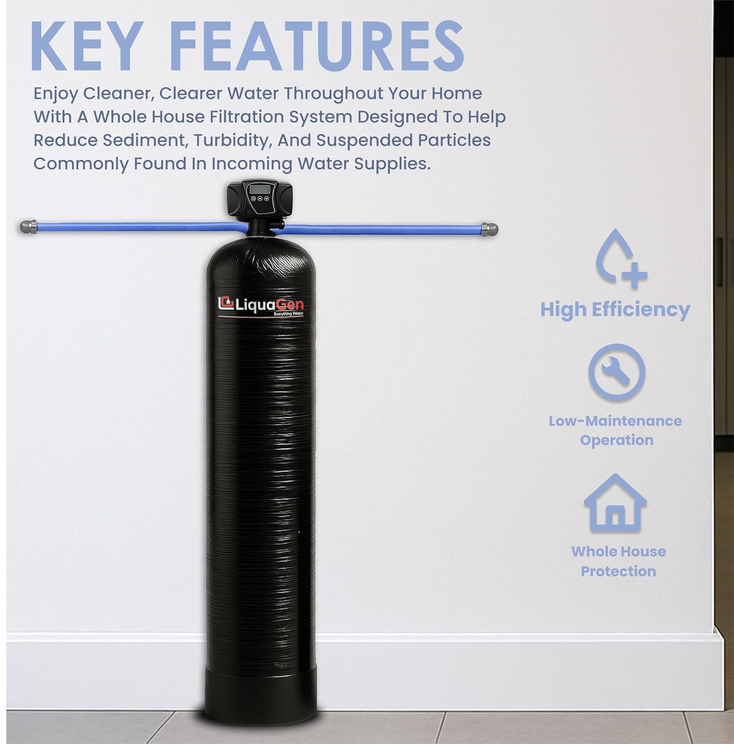 LiquaGen Whole House Water Filter System for City Water – Catalytic Carbon & KDF 55 Media – Reduces Chlorine, Chloramine & Taste– POE with Metal Bypass Valve (10" x 54")