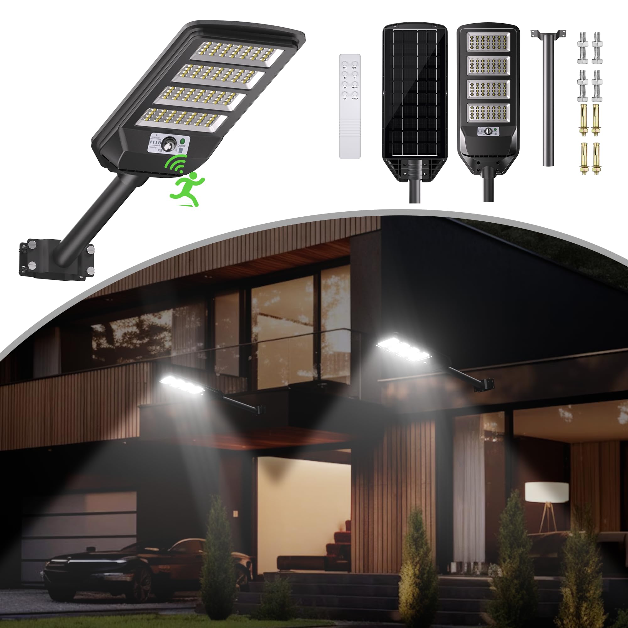 Solar Street Lights Outdoor Waterproof IP65, Motion Sensor Solar Street Lamps with Remote, Dusk to Dawn LED Street Lights for Yard Garden Garage with Bracket (1 Pack)